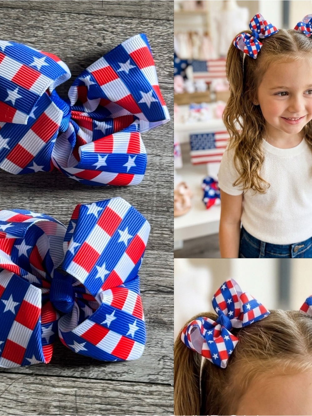 Patriotic Red White Blue Star Grosgrain Hair Bows